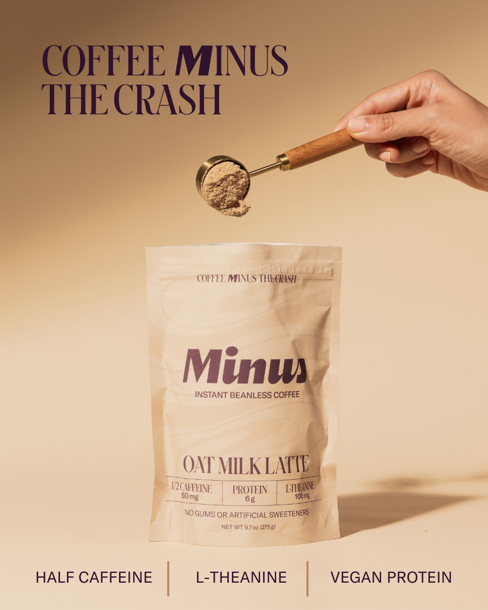 Minus Latte pouch with coffee minus the crash title and highlighted: half caffeine, l-theanine and vegan protein